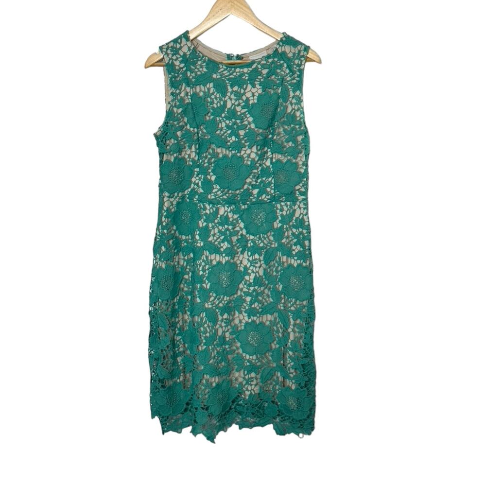 New York & Company Sleeveless Lace Overlay Green Sheath Dress Women's 12